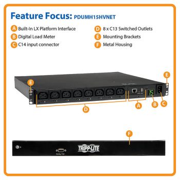 Tripp Lite Single-Phase Switched PDU with LX Platform network interface, 240V (8 C13), C14, 200-240V Input, 1.98 m Cord, 1U Rack-Mount - Image 2