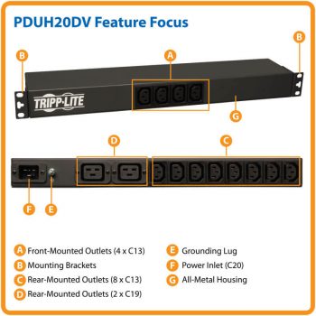 Tripp Lite 1.6?3.8kW Single-Phase 100?240V Basic PDU, 14 Outlets (12 C13 & 2 C19), C20 with L6-20P Adapter, 12 ft. Cord, 1U Rack-Mount - Image 2