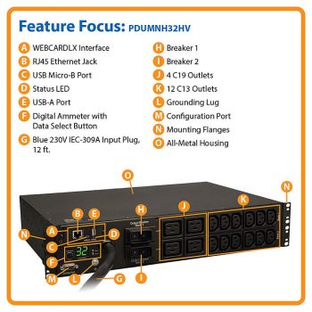Tripp Lite 7.4kW Single-Phase Monitored PDU with LX Platform Interface, 230V Outlets (12-C13, 4-C19), IEC-309 32A Blue, 12ft Cord, 2U Rack-Mount, TAA - Image 2