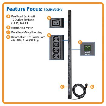 Tripp Lite 3.2-3.8kW Single-Phase Metered PDU, 200-240V Outlets (6-C19 & 32-C13 ) C20/L6-20P Cable 10ft Cord, 0U Vertical - Image 2