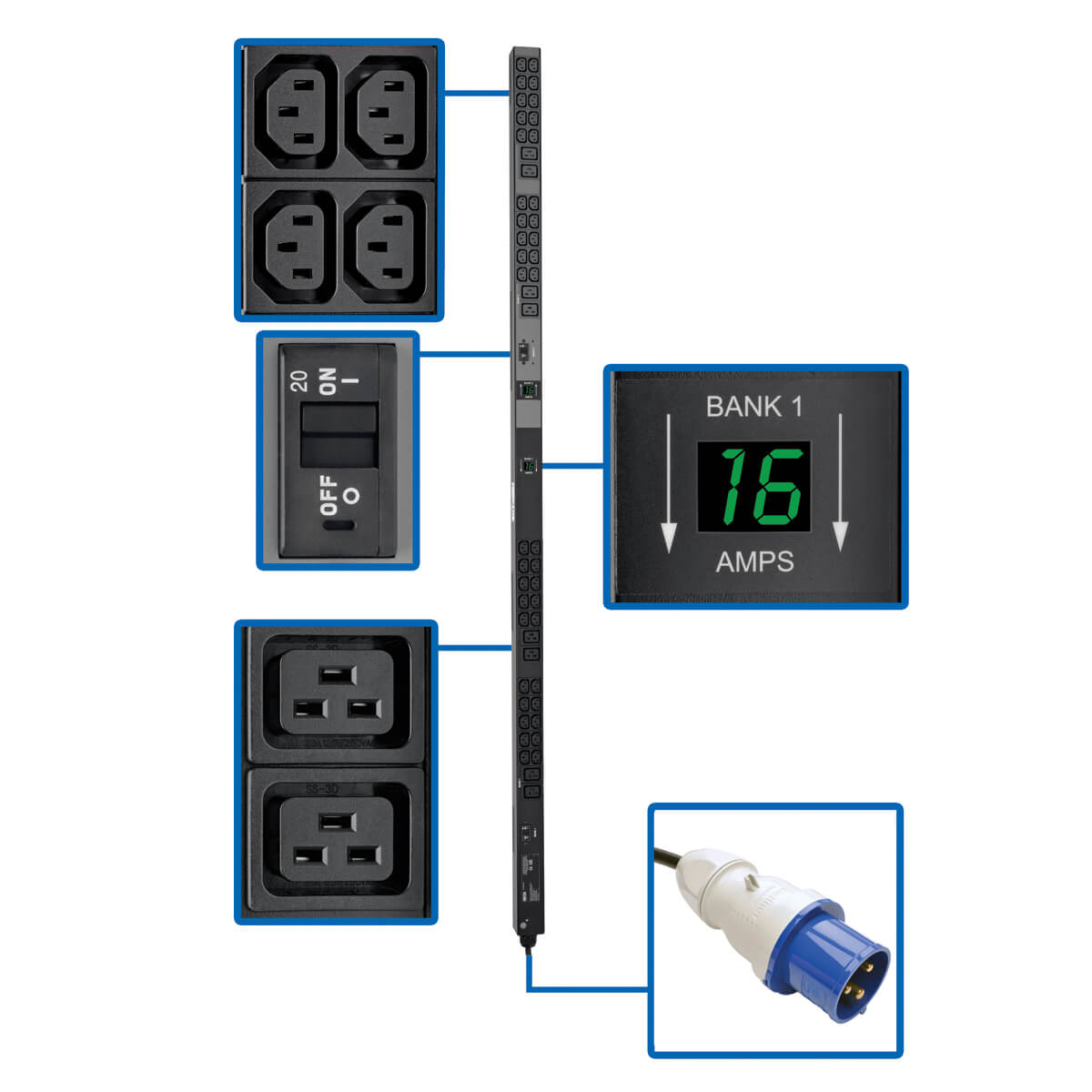 Tripp Lite 7.4kW Single-Phase Metered PDU, 230V Outlets (8 C19 and 40 C13), IEC-309 32A Blue Input, 10 ft. Cord, 0U Vertical, TAA, 70 in.